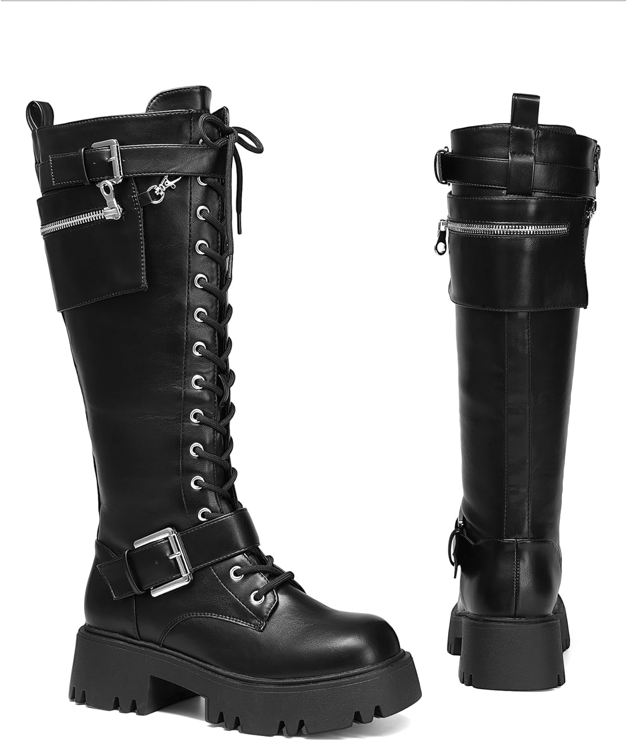 DREAM PAIRS Womens Combat Riding Platform Knee High Boots, Lace Up Fall Lug Sole Gothic Motorcycle Boots with Inside Zipper