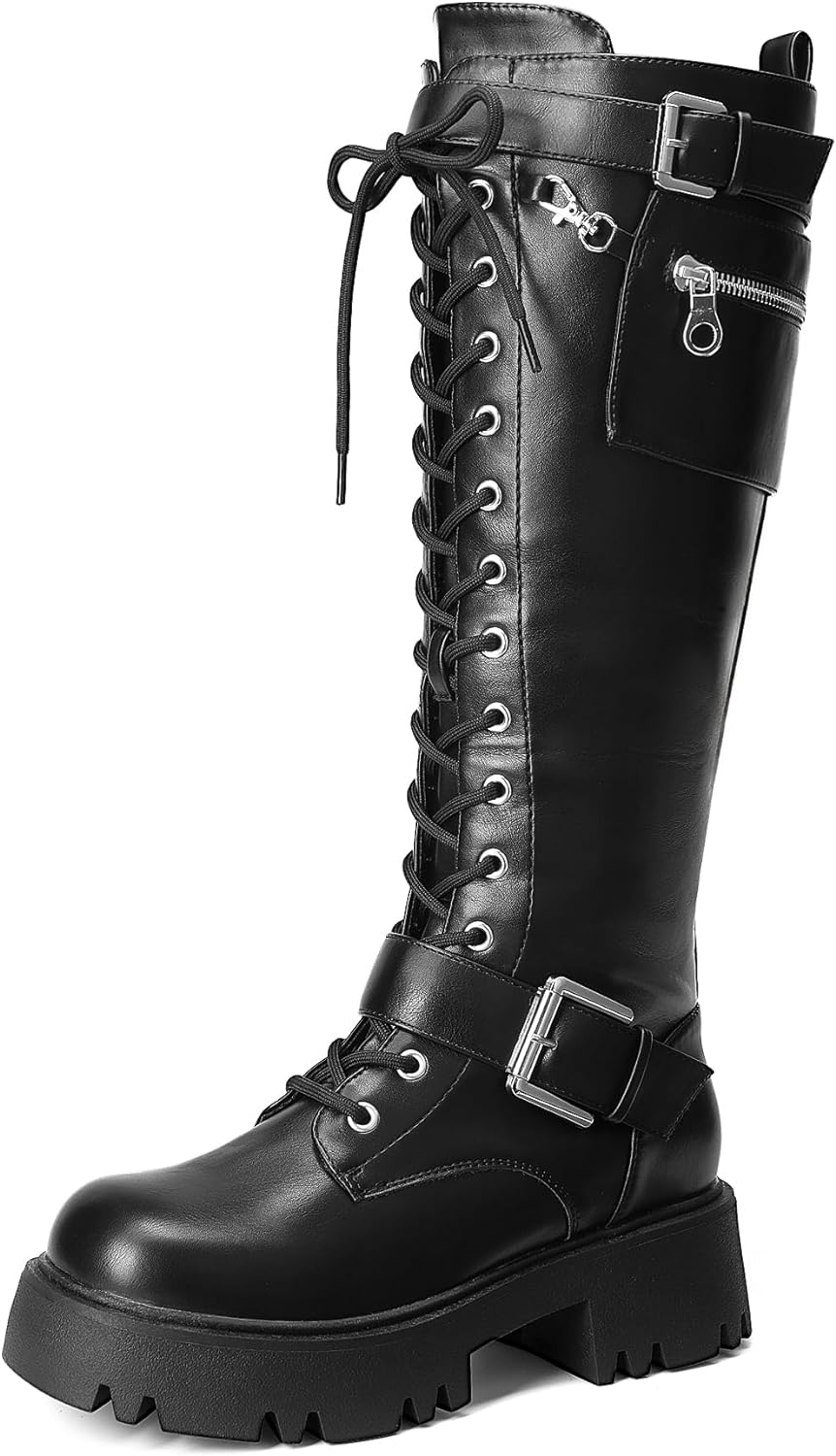 DREAM PAIRS Womens Combat Riding Platform Knee High Boots, Lace Up Fall Lug Sole Gothic Motorcycle Boots with Inside Zipper