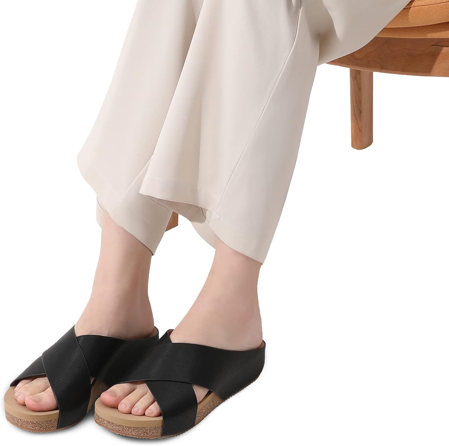 DREAM PAIRS Womens Cork Slide Sandals Slip on Open Toe Cute Platform Criss Cross Flat Sandals for Summer
