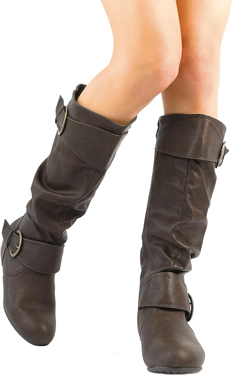 DREAM PAIRS Womens Wide Calf Knee High Boots, Fur-lined Low Hidden Wedge Boots