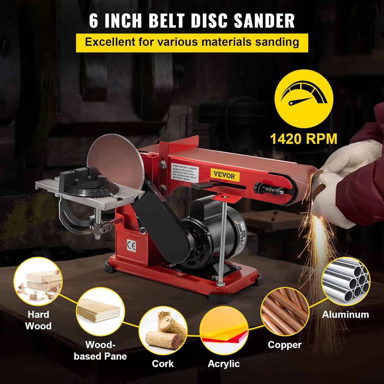 VEVOR Belt Sander 4 x 36, Disc Combo Sander 6,Electric Adjustable Bench Belt Sander 375W,Grinder Bench Sanding Machine With 4 Rubber Foot Pad