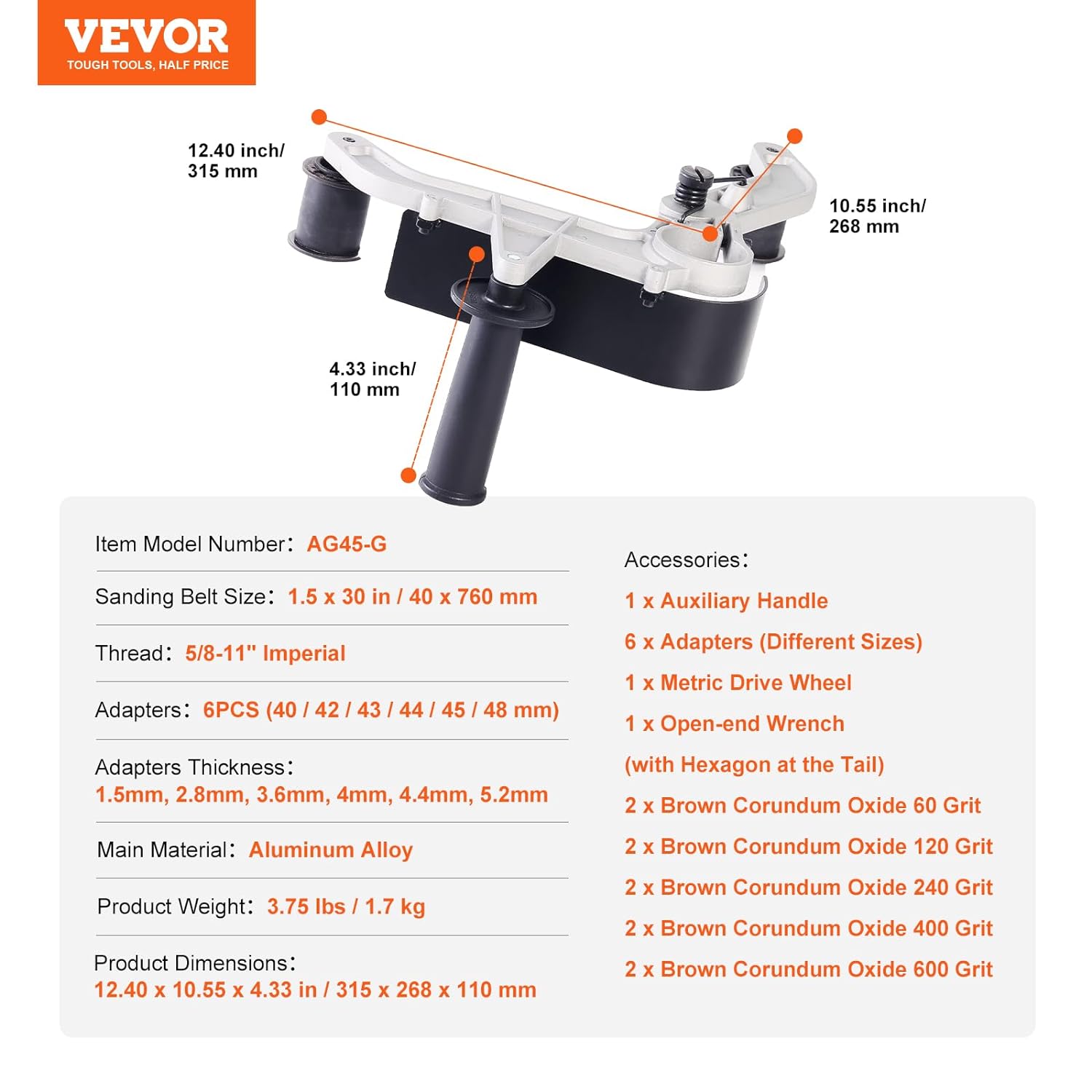 VEVOR Belt Sander Adapter for Angle Grinder, Pipe or Tube Sanding Attachment with 5/8-11 Imperial Thread and 10PCS Sanding Belts, Belt Sander Attachment Pipe Polishing Adapter for Rust Removal