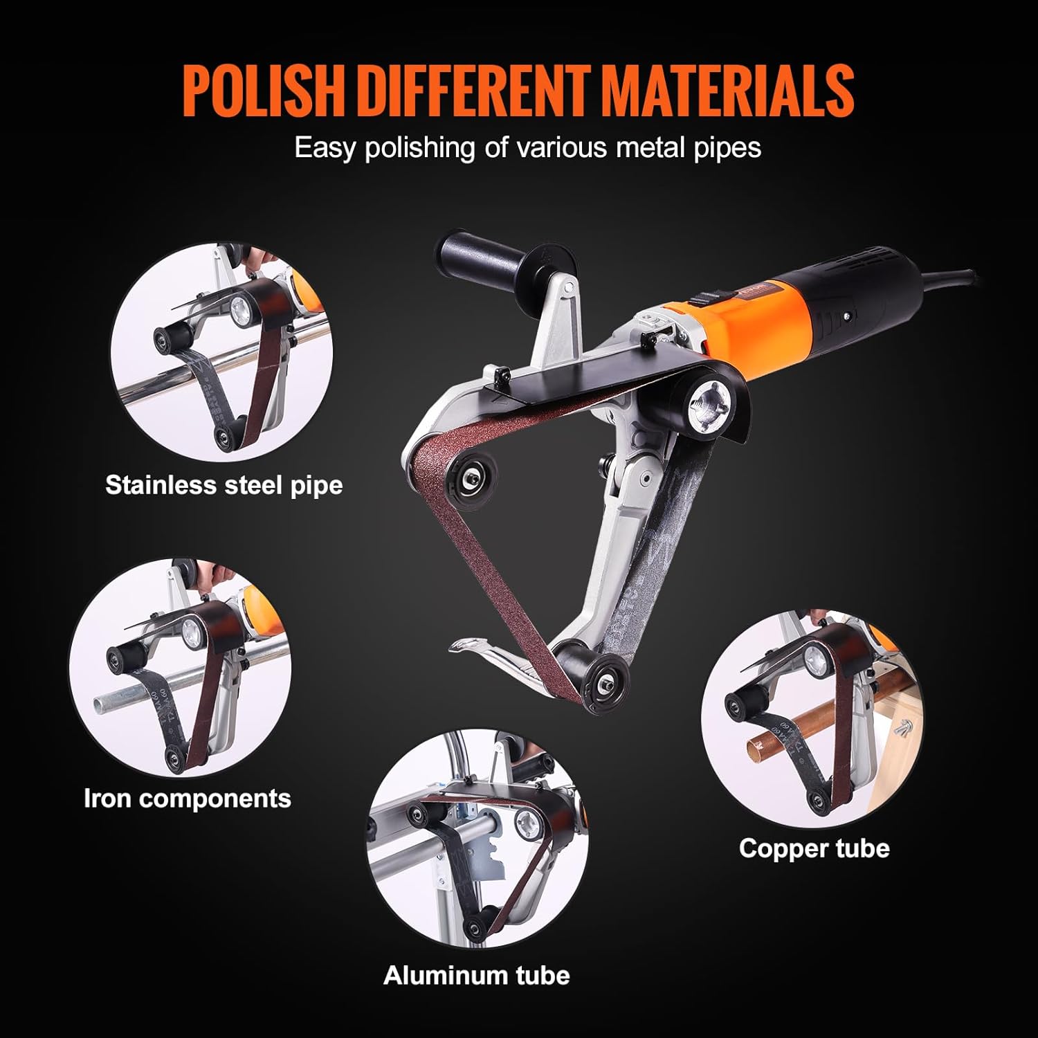 VEVOR Pipe Tube Polisher Sander, 1000W Pipe Belt Sander with 6 Variable Speeds 1100-3200rpm, Professional Belt Sander Grinding Machine with 50PCS Sanding Belts for Burnishing Finishing Rust Removal