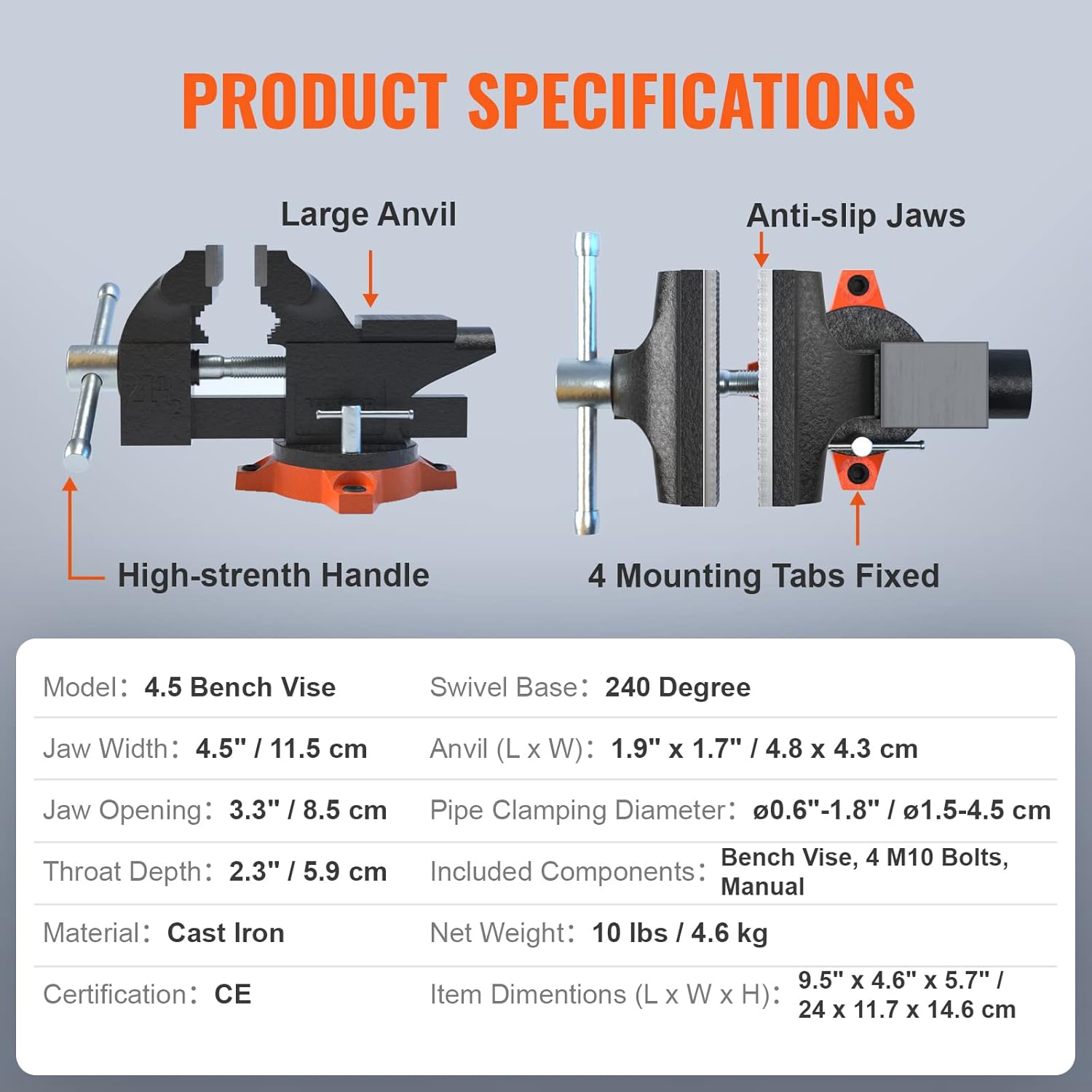 VEVOR Bench Vise, 6.5 Jaw Width 6.5 Forward 9.3 Reverse Opening, 360-Degree Swivel Locking Base Multipurpose Workbench w/Anvil, Heavy Duty Ductile Iron w/Bolts  Nuts, for Drilling, Pipe Cutting