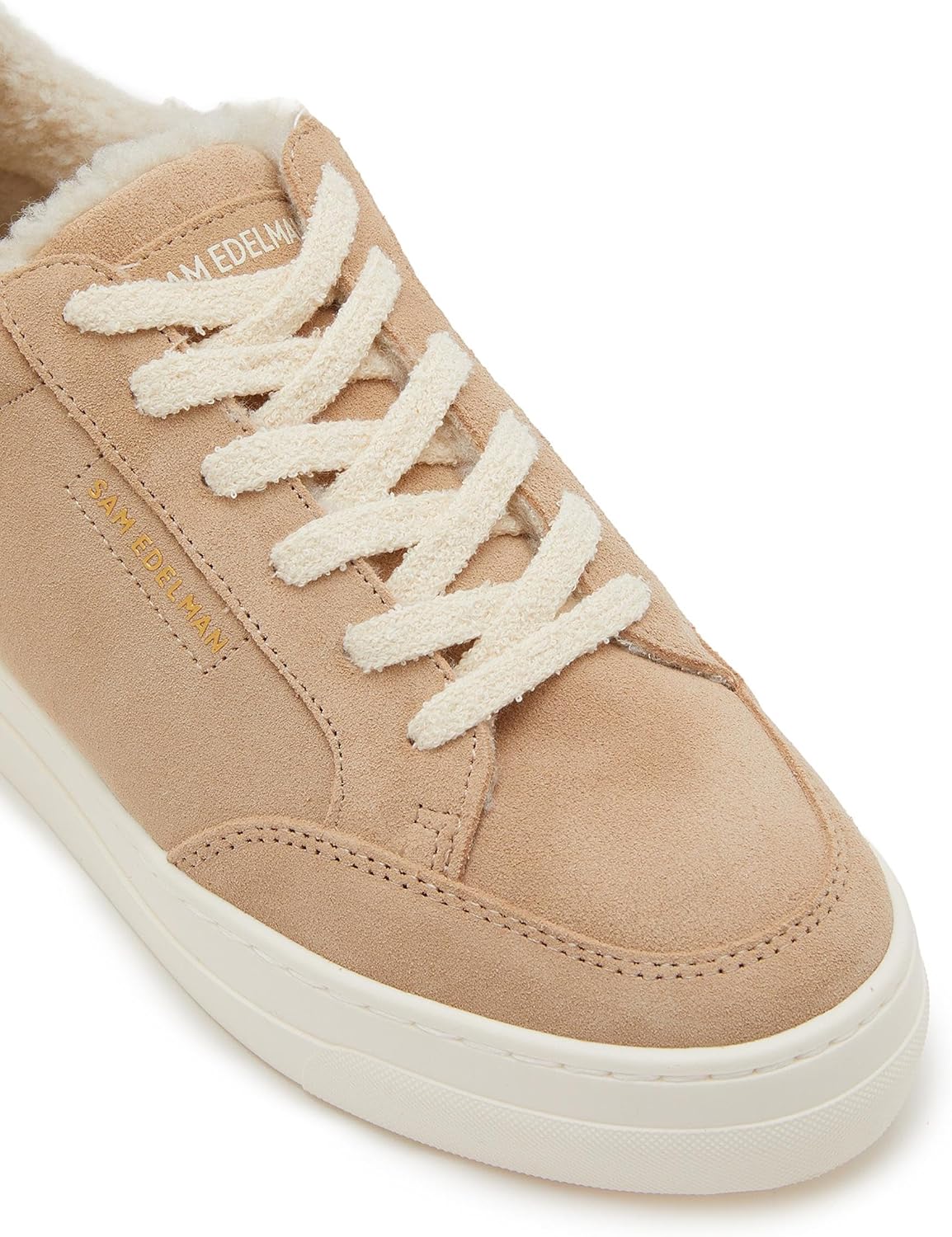 Sam Edelman Wess Cuoio Suede Lace Up Rounded Toe Fur Detailed Low Top Sneakers (Cuoio Suede, 11)