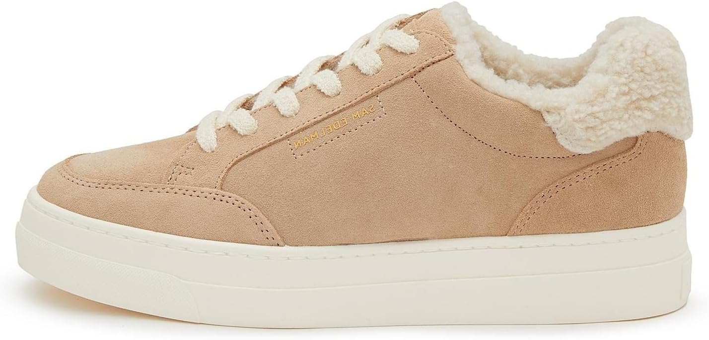 Sam Edelman Wess Cuoio Suede Lace Up Rounded Toe Fur Detailed Low Top Sneakers (Cuoio Suede, 11)