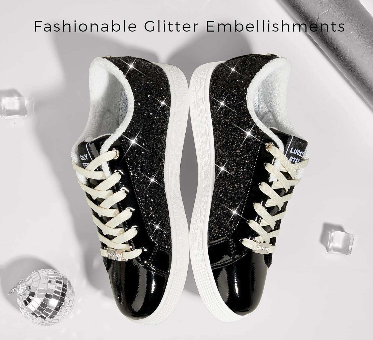 LUCKY STEP Fashion Star Glitter Sneakers | Sparkly Bling Shiny Bedazzled Wedding Bridal Shoes for Women