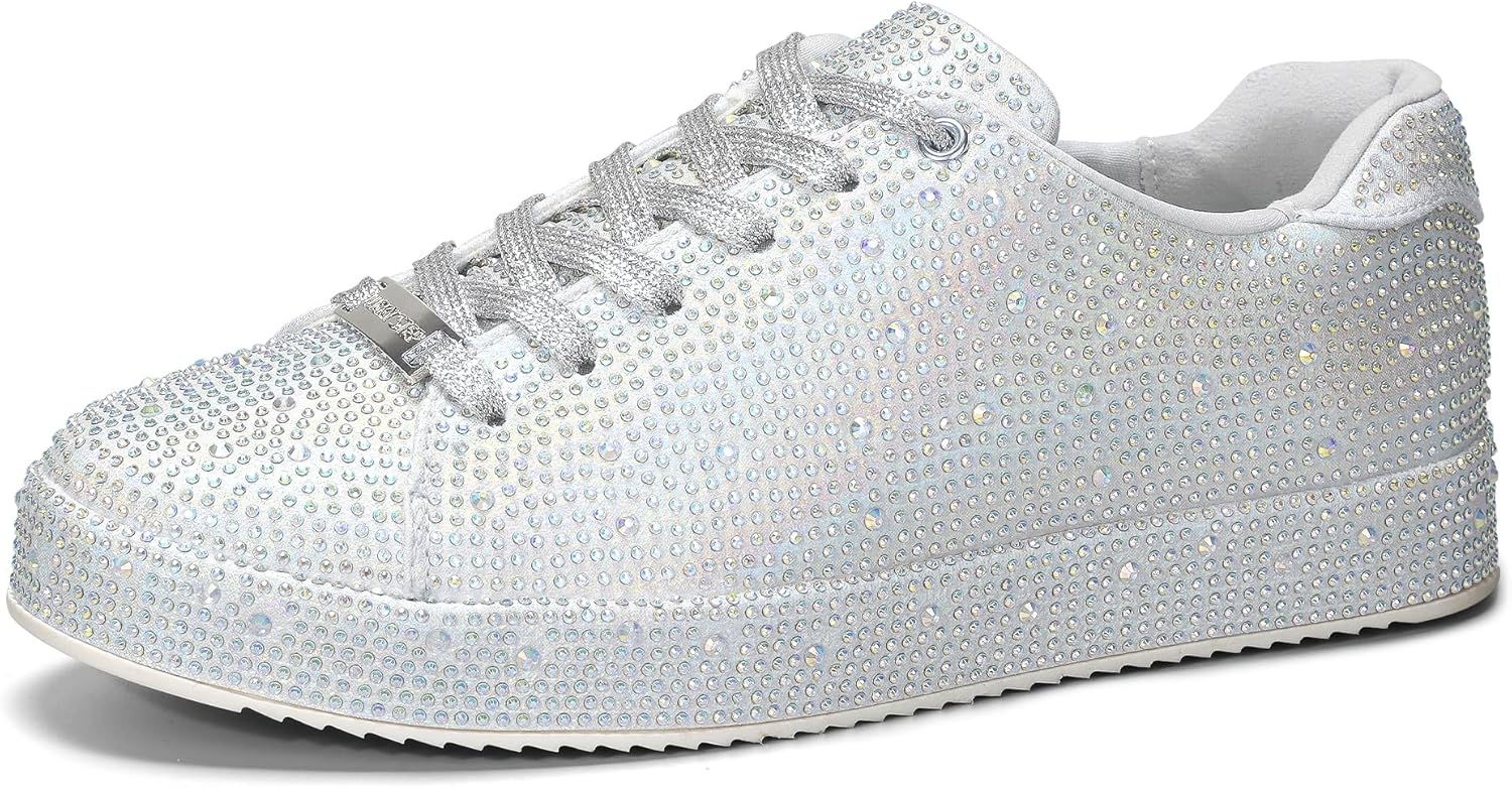 LUCKY STEP Platform Rhinestone Fashion Glitter Sneakers | Sparkly Bling Bedazzled Wedding Bridal Shiny Shoes for Women