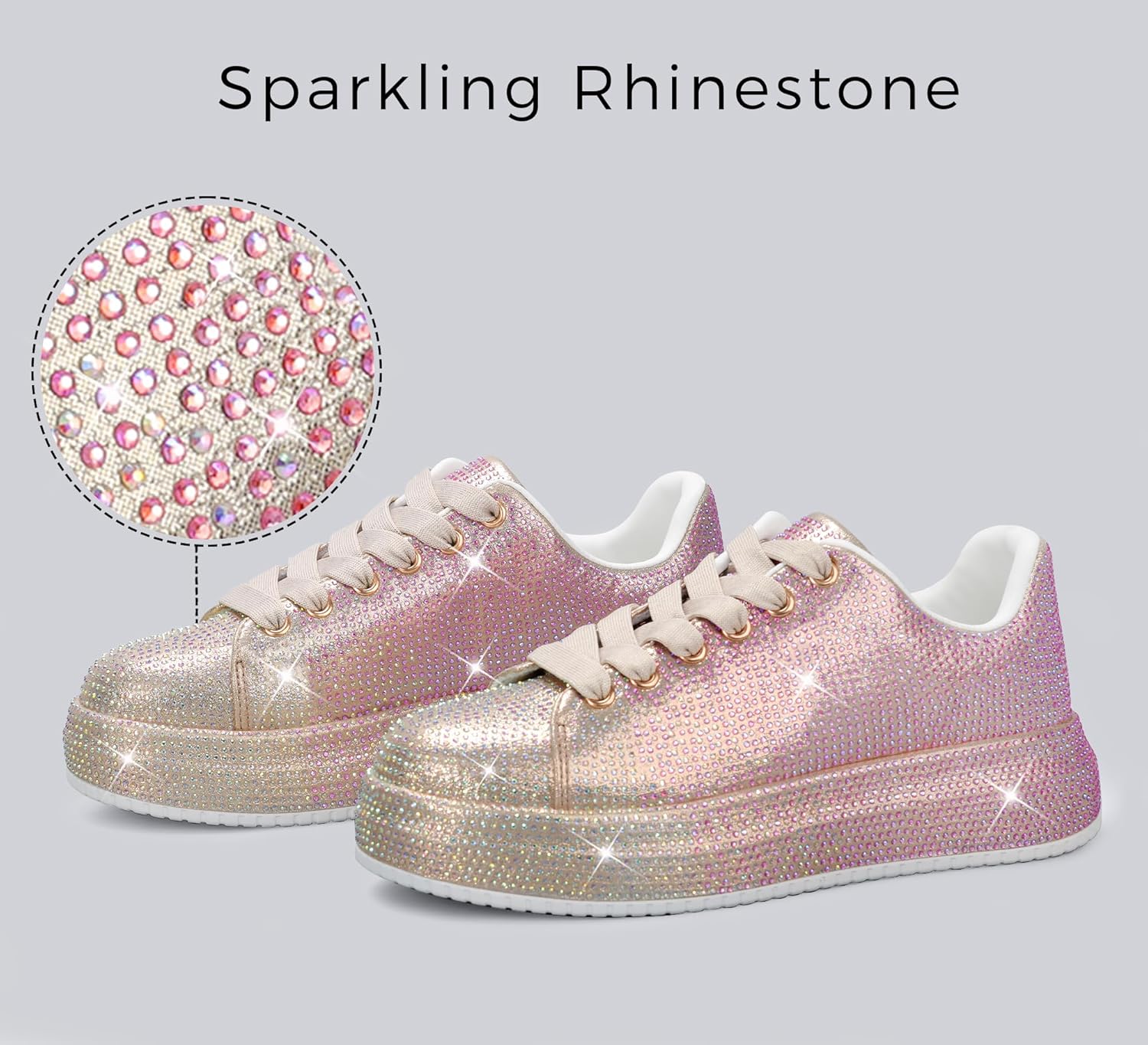 LUCKY STEP Rhinestone Sneakers for Women Platform Sparkly Glitter Bling Tennis Shoes Fashion Bedazzled Wedding Bridal Party Walking Sneakers