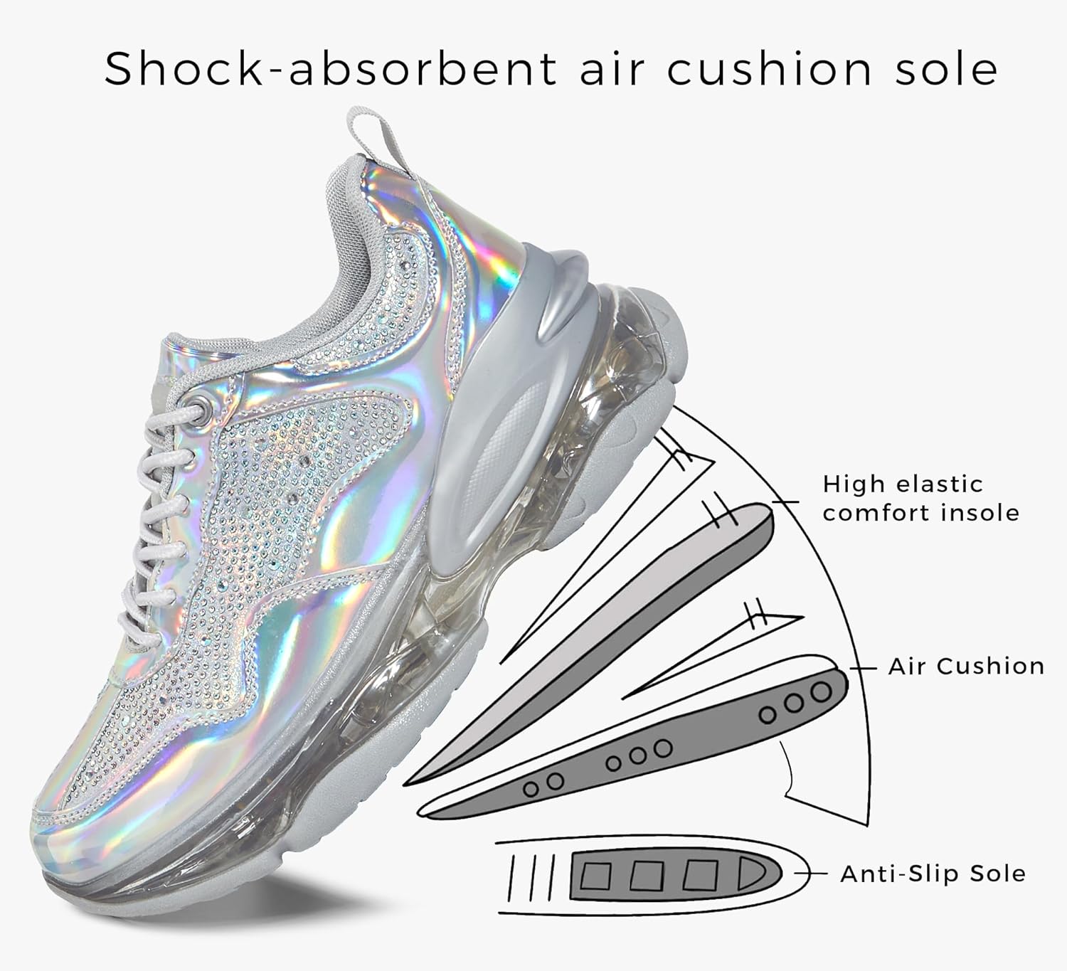 LUCKY STEP Womens Air Cushion Rhinestone Fashion Sneakers Chunky Rave Sparkly Casual Comfortable Walking Shoes