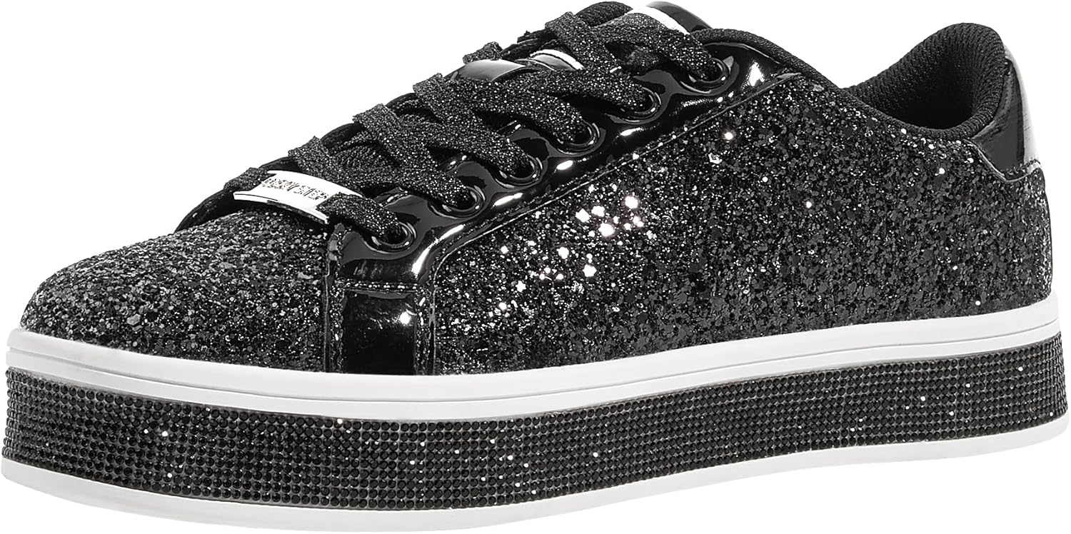 LUCKY STEP Womens Platform Glitter Sneakers | Sparkly Bling Shiny Dressy Bedazzled Wedding Bridal Fashion Walking Shoes