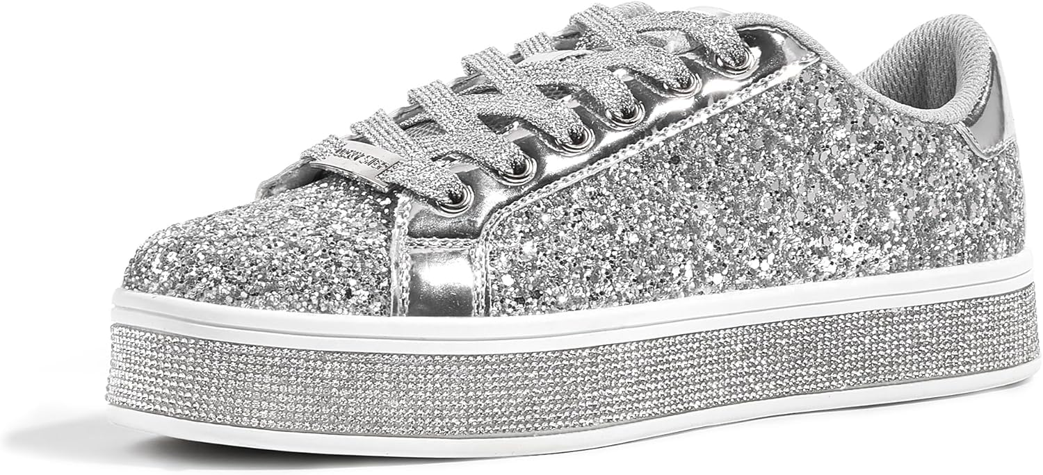 LUCKY STEP Womens Platform Glitter Sneakers | Sparkly Bling Shiny Dressy Bedazzled Wedding Bridal Fashion Walking Shoes